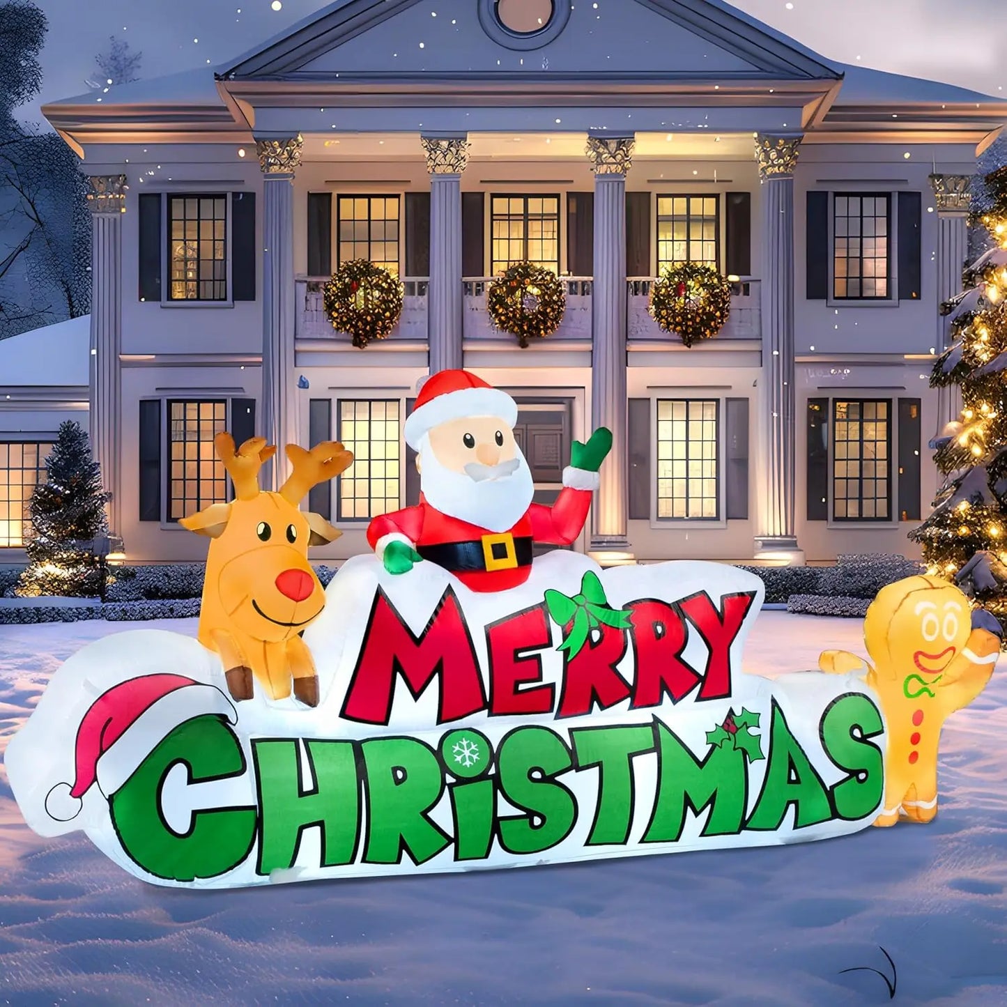 JOYFY 9.5 FT Christmas Inflatable Merry Christmas Sign with Santa Reindeer & Gingerman for Outdoor Yard Decor