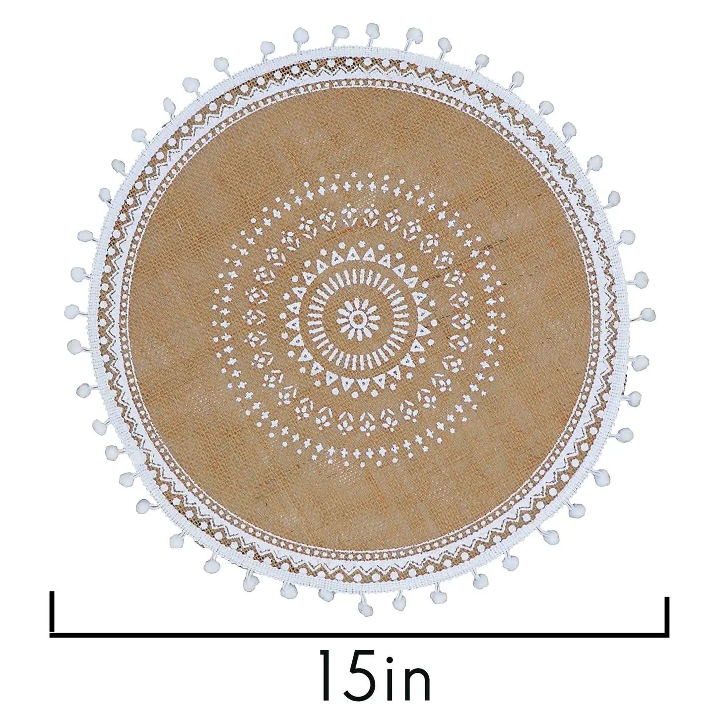 Round Placemats Set of 4, Boho Woven Table Mats with Pompom Tassel for Dining Room Kitchen Table Decor (White Ball)