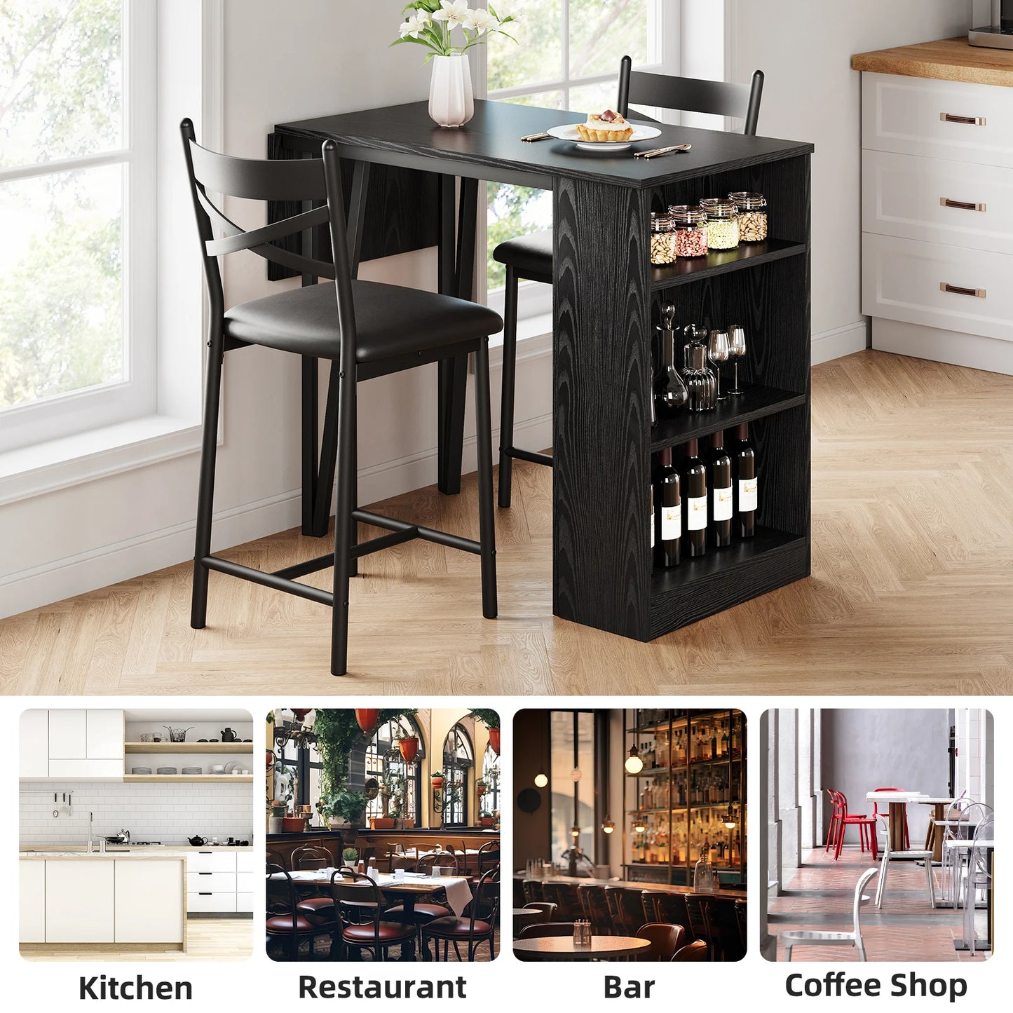 Farmhouse Bar Table and Chairs Set, 3 Piece Dining Table Set with Flip Top Extension and Storage Shelves for Kitchen Apartment
