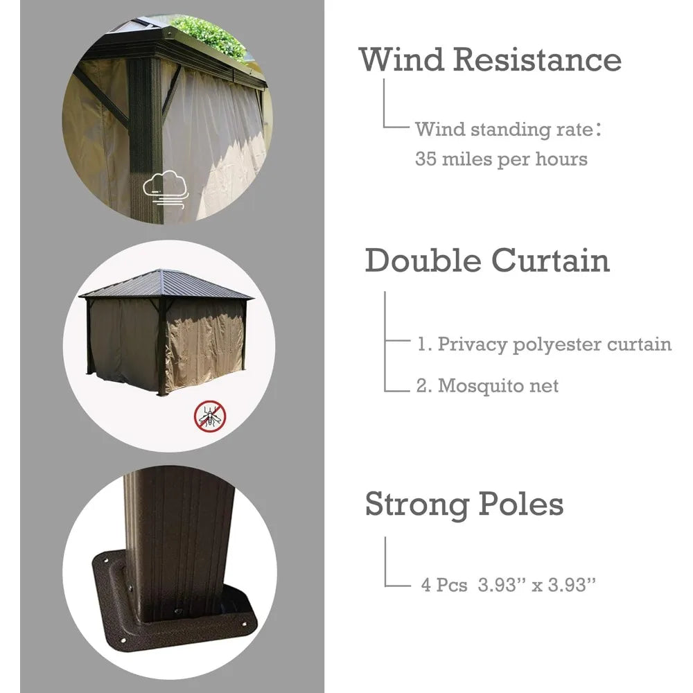 10'x12' Hardtop Gazebo,with with 2-Layer Sidewalls Curtains for Patio, Backyard, Permanent Metal Pavilion