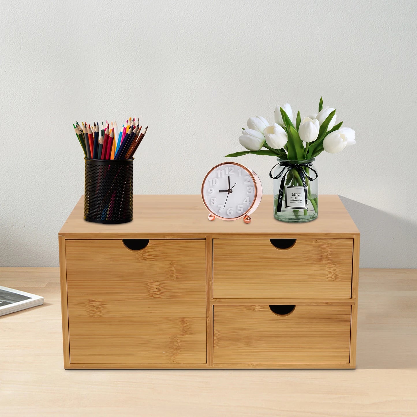 Bamboo Desk Organizer, 3 Drawers, Eco-Friendly Material, Stylish Storage for Office Supplies, Perfect for Desktop Organization