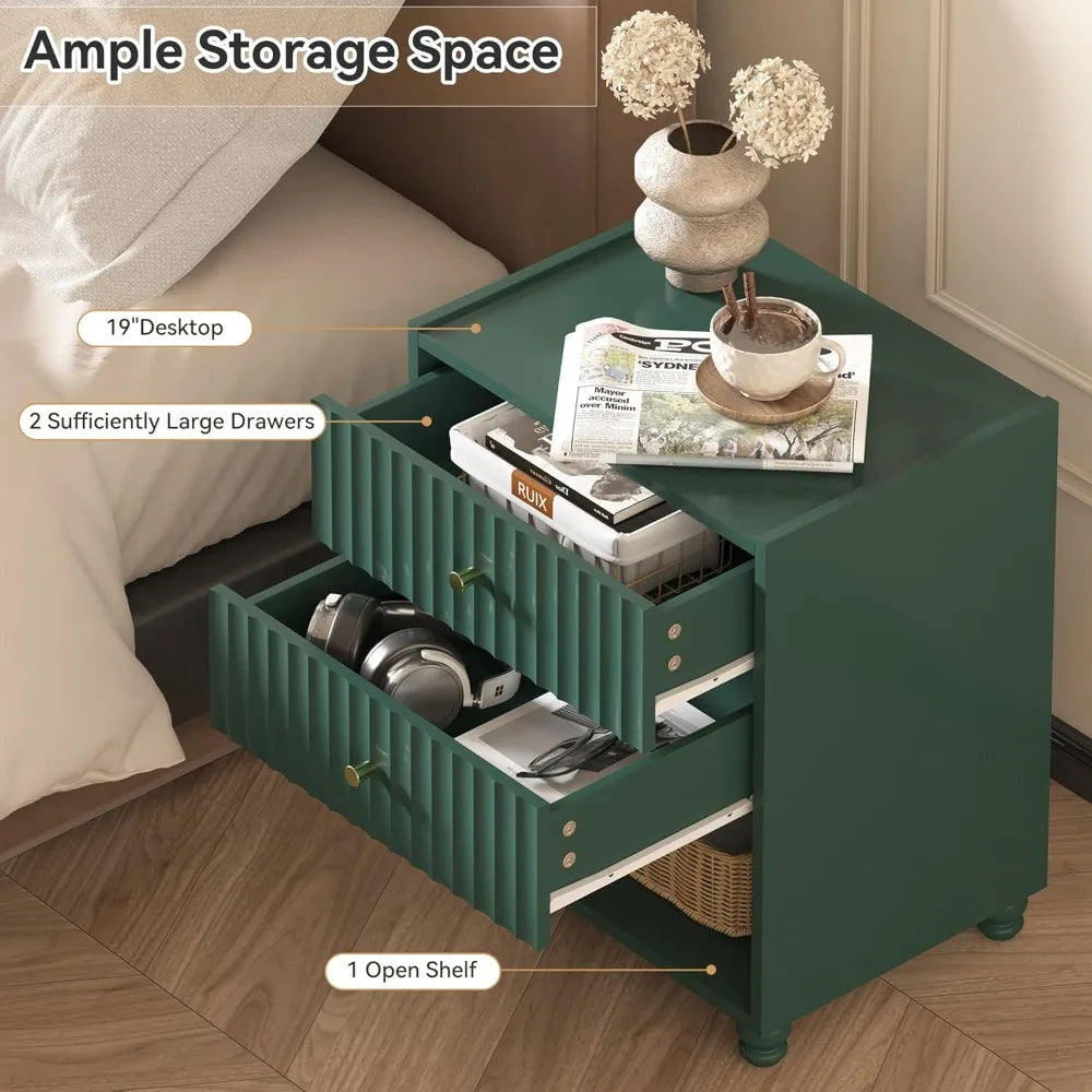 Modern Nightstand Set of 2, Fluted End Table with Open Shelf, Night Stand with 2 Drawers for Bedroom (Green), Customized
