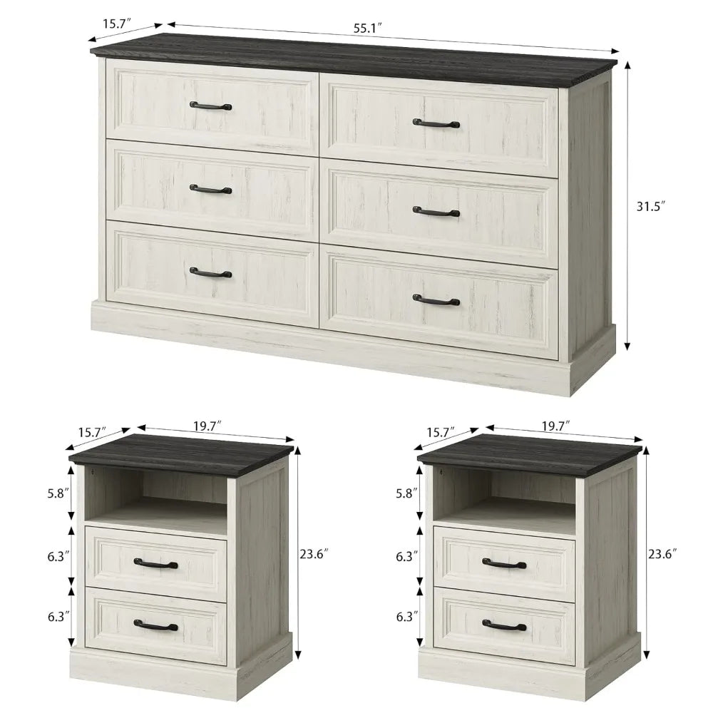 Farmhouse Dresser and Nightstand Sets for Bedroom, 3 Pcs Bedroom Set, 6 Drawer Dresser & Nightstand Set of 2,, Customized