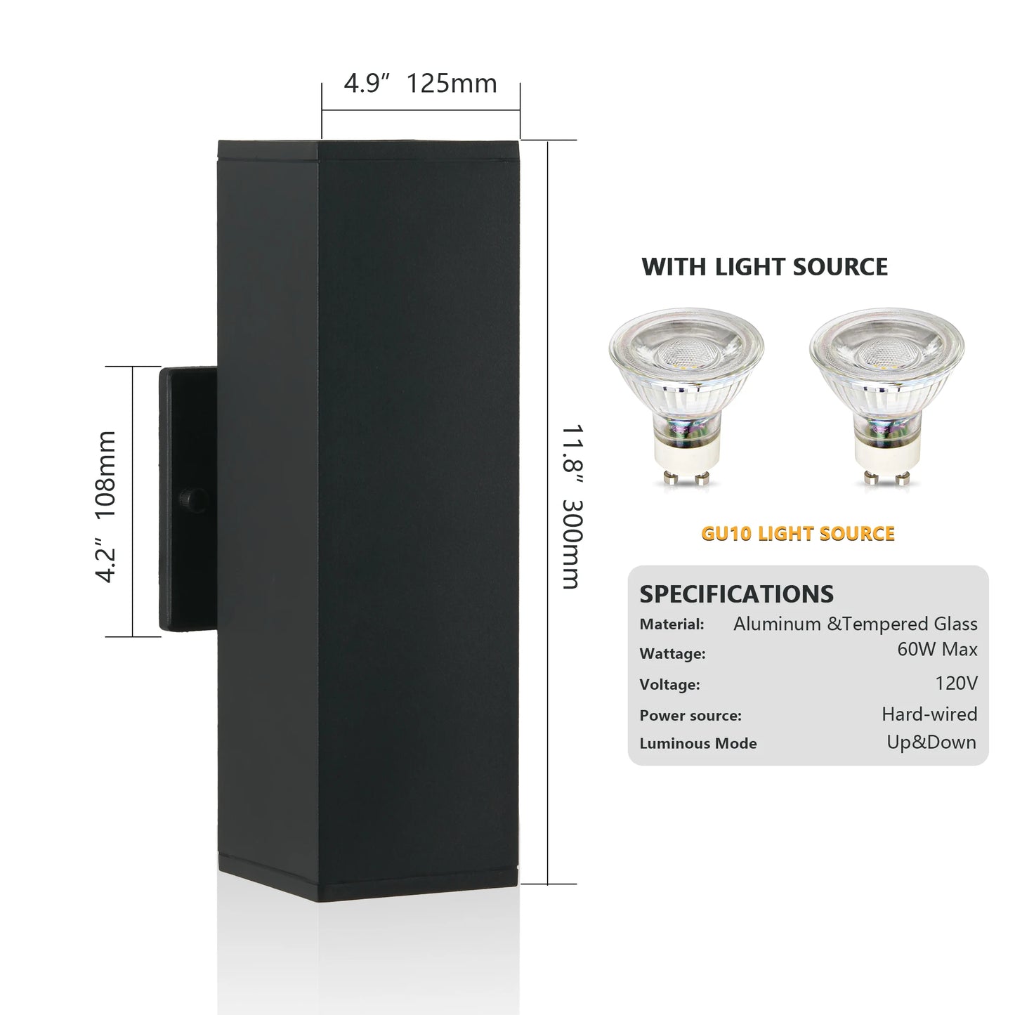 2-Pack Outdoor Wall Light IP65 Waterproof Up & Down GU10 Bulb Wall Sconce Black Aluminum Exterior Light （Stock in USA ）