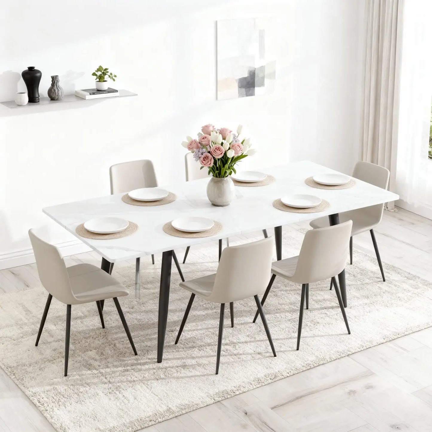 7 Piece Dining Table Set, 59"-75" Extendable Dining Room Table Set with 6 Upholstered Chairs, White Kitchen Table, Customized