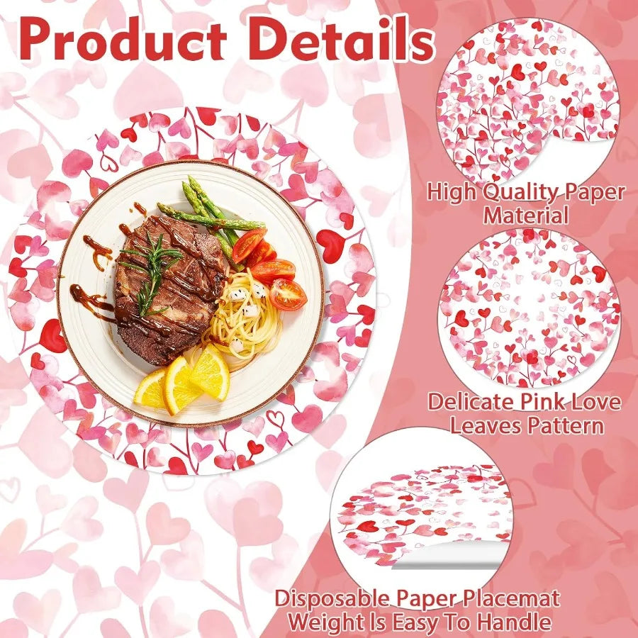 Pink Love Heart Paper Placemats Disposable 50 Pack Heart Place Mats 13.4 Ih Round Decorative Heart Love Table Mats for Wedding