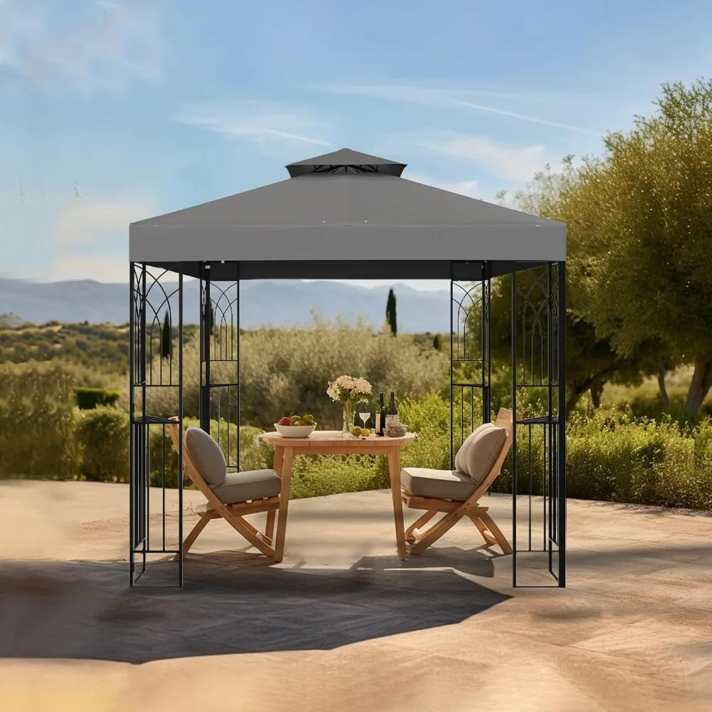 8x8 Outdoor Gazebo Tent with Corner Shelves, Double Roof Patio Paviloin with Soft Fabric Top, Outdoor Sunshelter