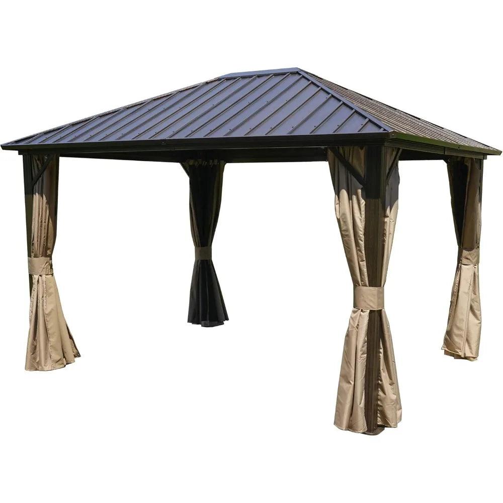 10'x12' Hardtop Gazebo,with with 2-Layer Sidewalls Curtains for Patio, Backyard, Permanent Metal Pavilion