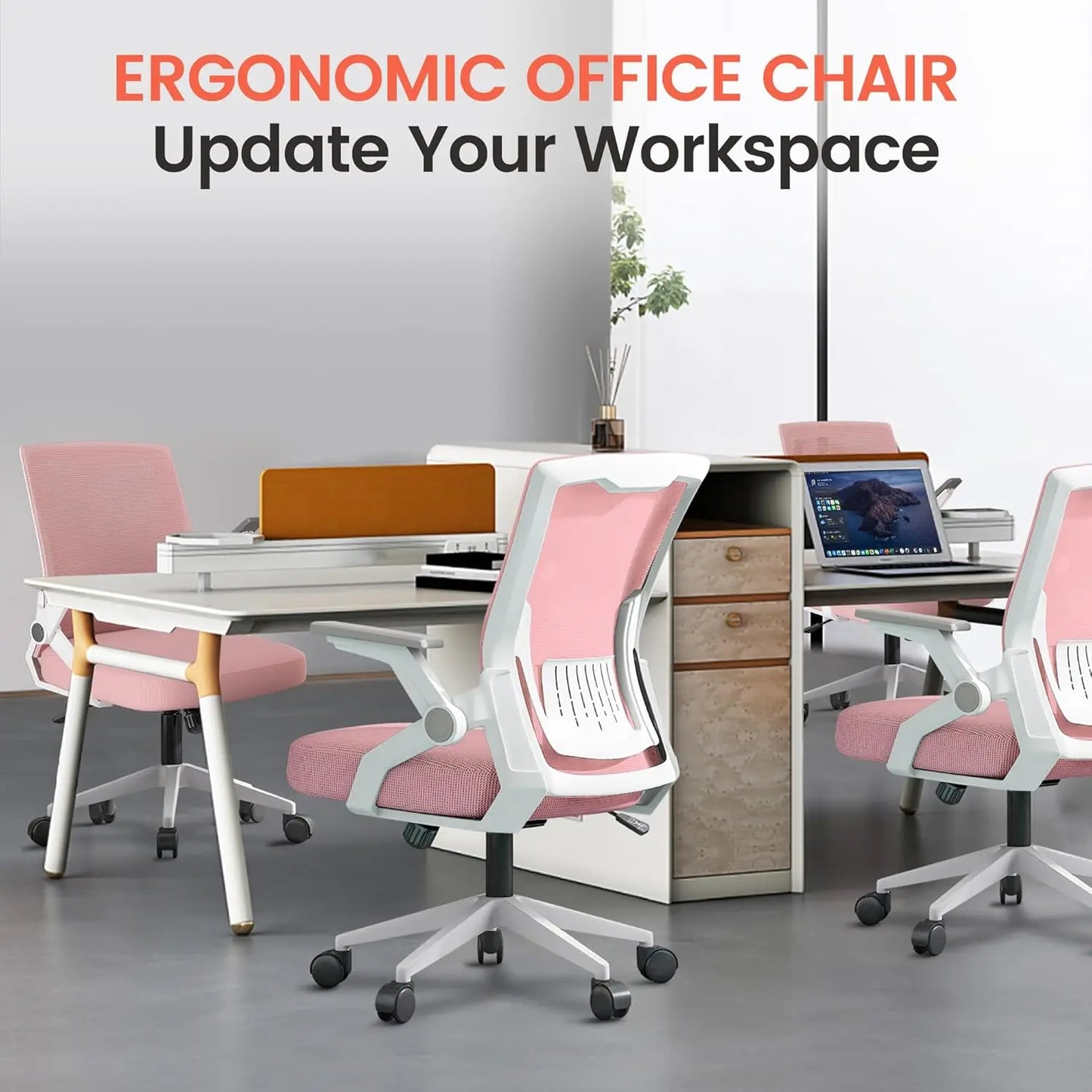 Ergonomic Office Chair with Flip-up Armrests, Breathable Mesh & Lumbar Support in Pink