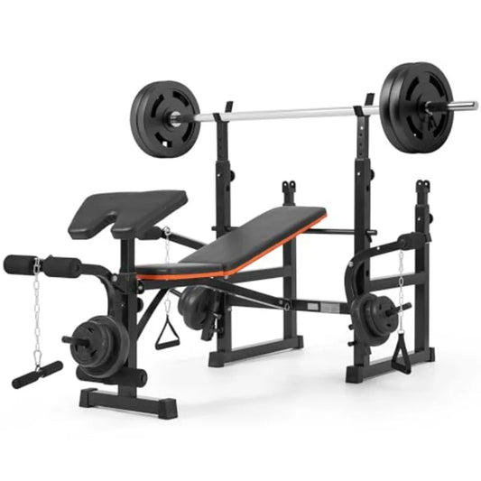 7 In 1 Adjustable Weight Bench Set with Squat Rack and Leg Extension/Curl for Home Gym Black Steel Frame 600LB Weight Capacity