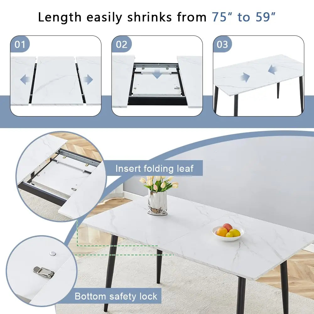 5 Piece Dining Table Set, 59"-75" Extendable Dining Room Table Set with 4 Upholstered Chairs, White Kitchen Table, Customized