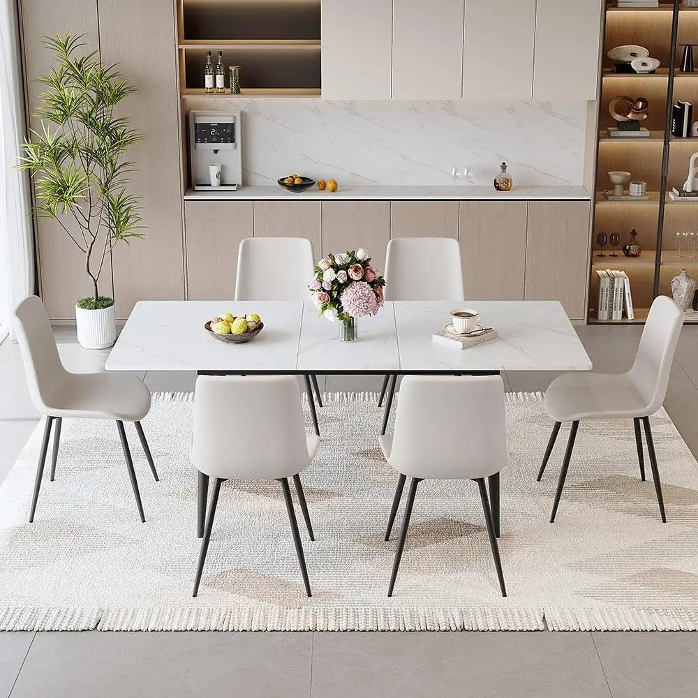 7 Piece Dining Table Set, 59"-75" Extendable Dining Room Table Set with 6 Upholstered Chairs, White Kitchen Table, Customized