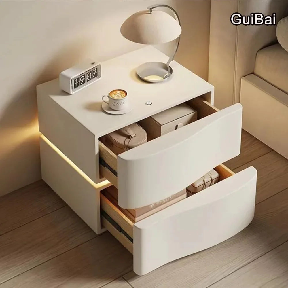 Solid Wood Nightstand with LED Light Strip Modern Leather Bedside Table with Drawer for Bedroom Side Table.Customized.