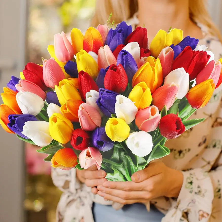 96 Pieces Multicolor Artificial Tulips Flowers Faux PU Fake Tulip for Easter Spring Wreath Real Touch Arrangement for Spring Wed