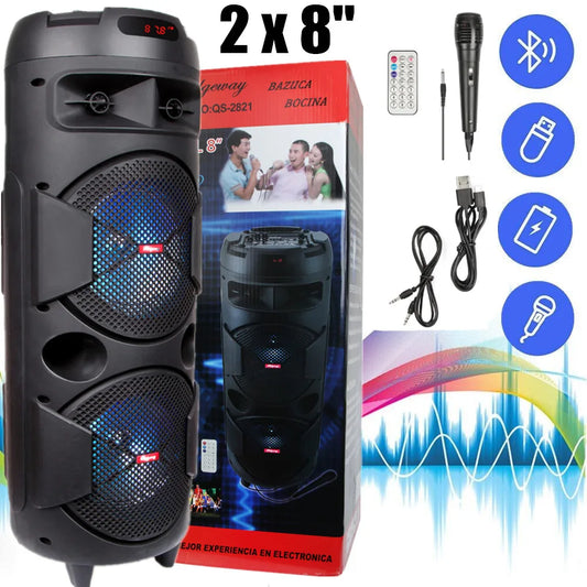 6000W Portable Bluetooth Speaker Dual 8" Subwoofer Heavy Bass Sound System Party with Microphone and Remote RGB Light