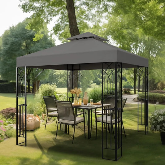 8x8 Outdoor Gazebo Tent with Corner Shelves, Double Roof Patio Paviloin with Soft Fabric Top, Outdoor Sunshelter