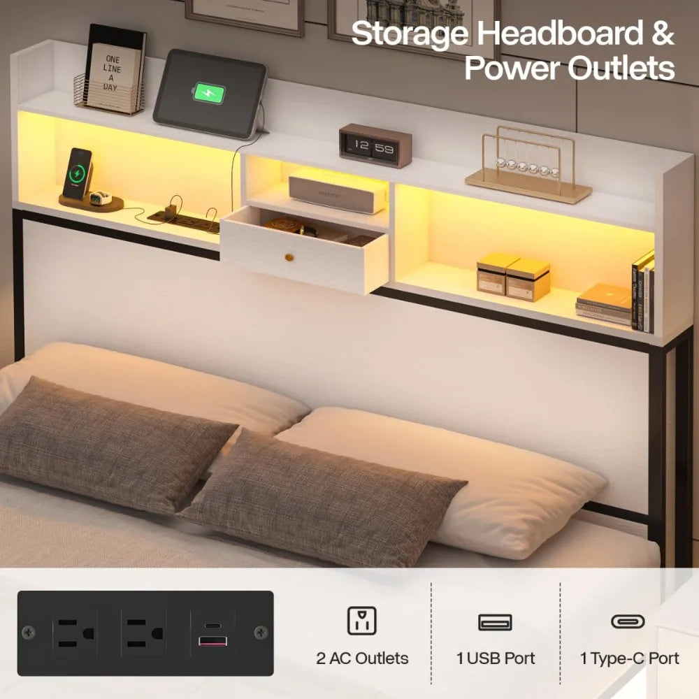 Queen Bed Frame with Tall Headboard and LED Lights, 51.2" Bookcase Bed Frame Queen Size with Storage Drawers and, Customized
