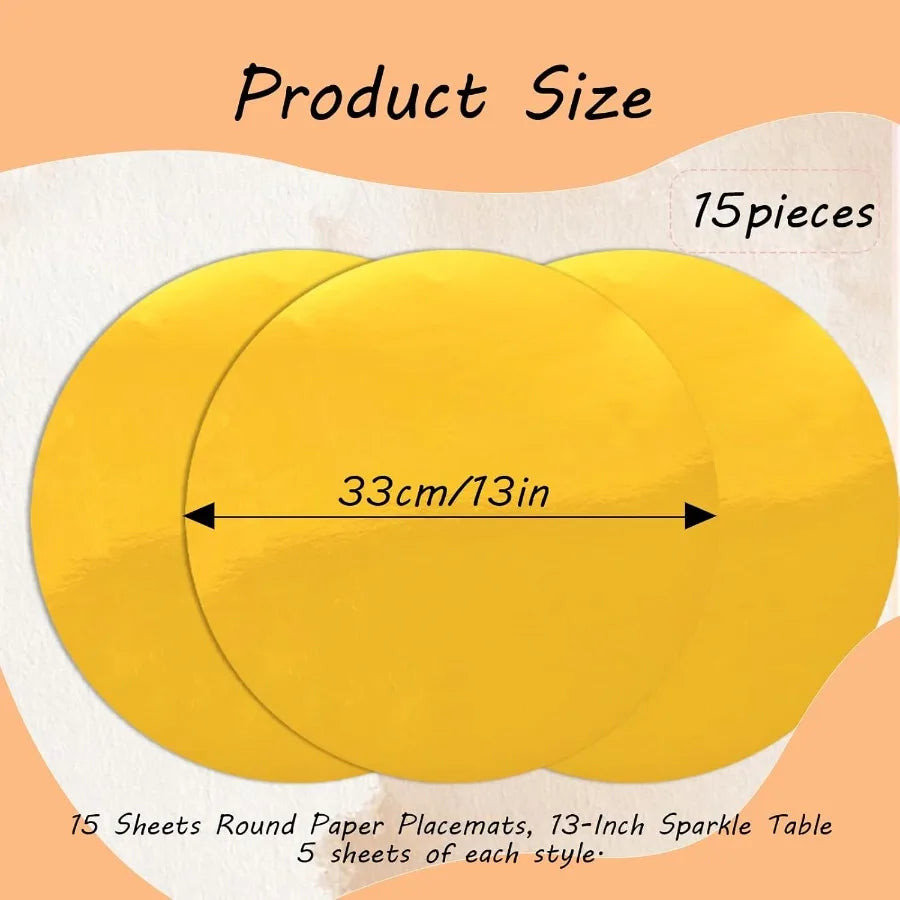 15 Pcs Gold Paper Placemats 13'' Disposable Placemats for Dining Table Heavyweight Sparkle Decorative Round Place Mats for Birt
