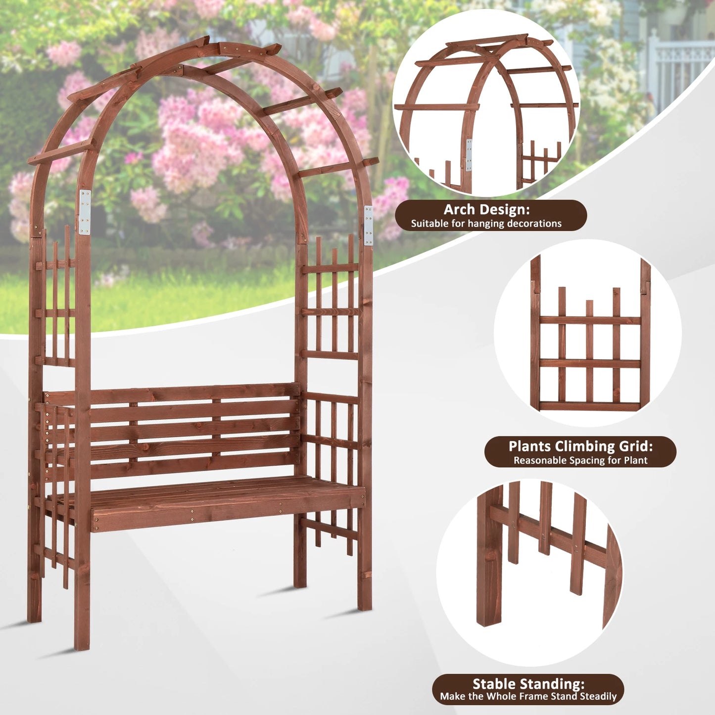 6.8ft Wooden Arch with Bench, Garden Trellis for Climbing Plants, Outdoor Garden Lawn Backyard Patio Decor, Dark Brown