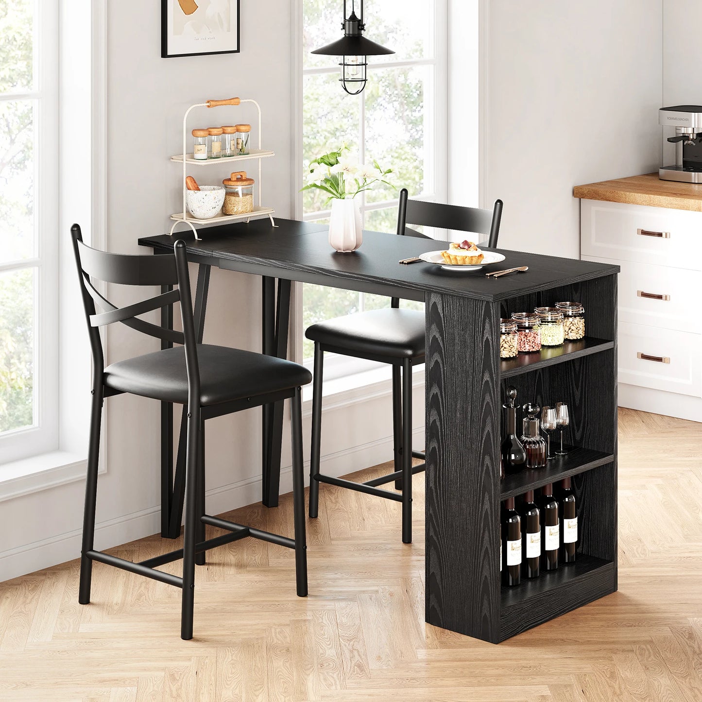 Farmhouse Bar Table and Chairs Set, 3 Piece Dining Table Set with Flip Top Extension and Storage Shelves for Kitchen Apartment