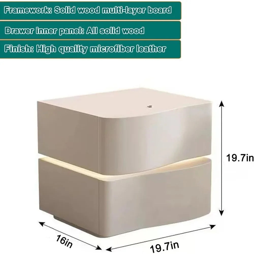 Solid Wood Nightstand with LED Light Strip Modern Leather Bedside Table with Drawer for Bedroom Side Table.Customized.