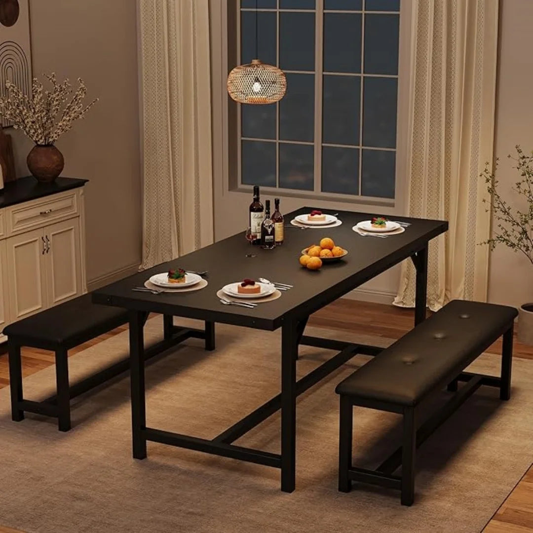 3 Piece Dining Table Set for 4-6, 63" Large Extendable Kitchen Table Sets with 2 Upholstered Benches, Rectangle Table for Kitche