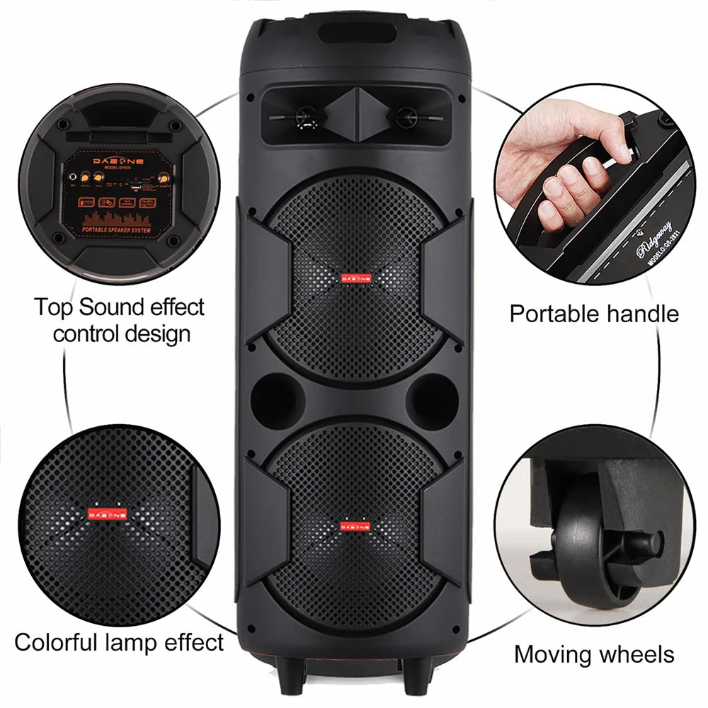 6000W Portable Bluetooth Speaker Dual 8" Subwoofer Heavy Bass Sound System Party with Microphone and Remote RGB Light