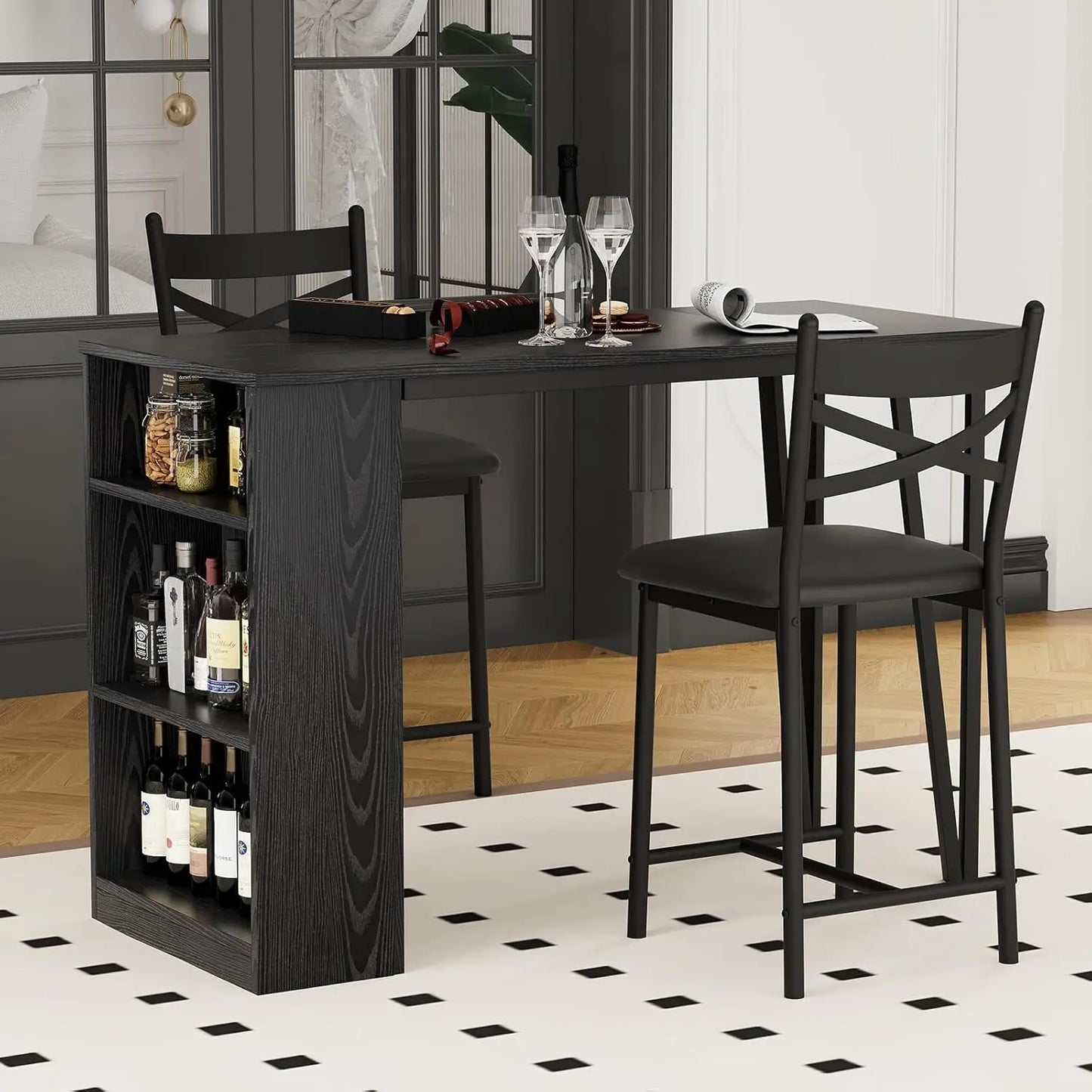 Farmhouse Bar Table and Chairs Set, 3 Piece Dining Table Set with Flip Top Extension and Storage Shelves for Kitchen Apartment