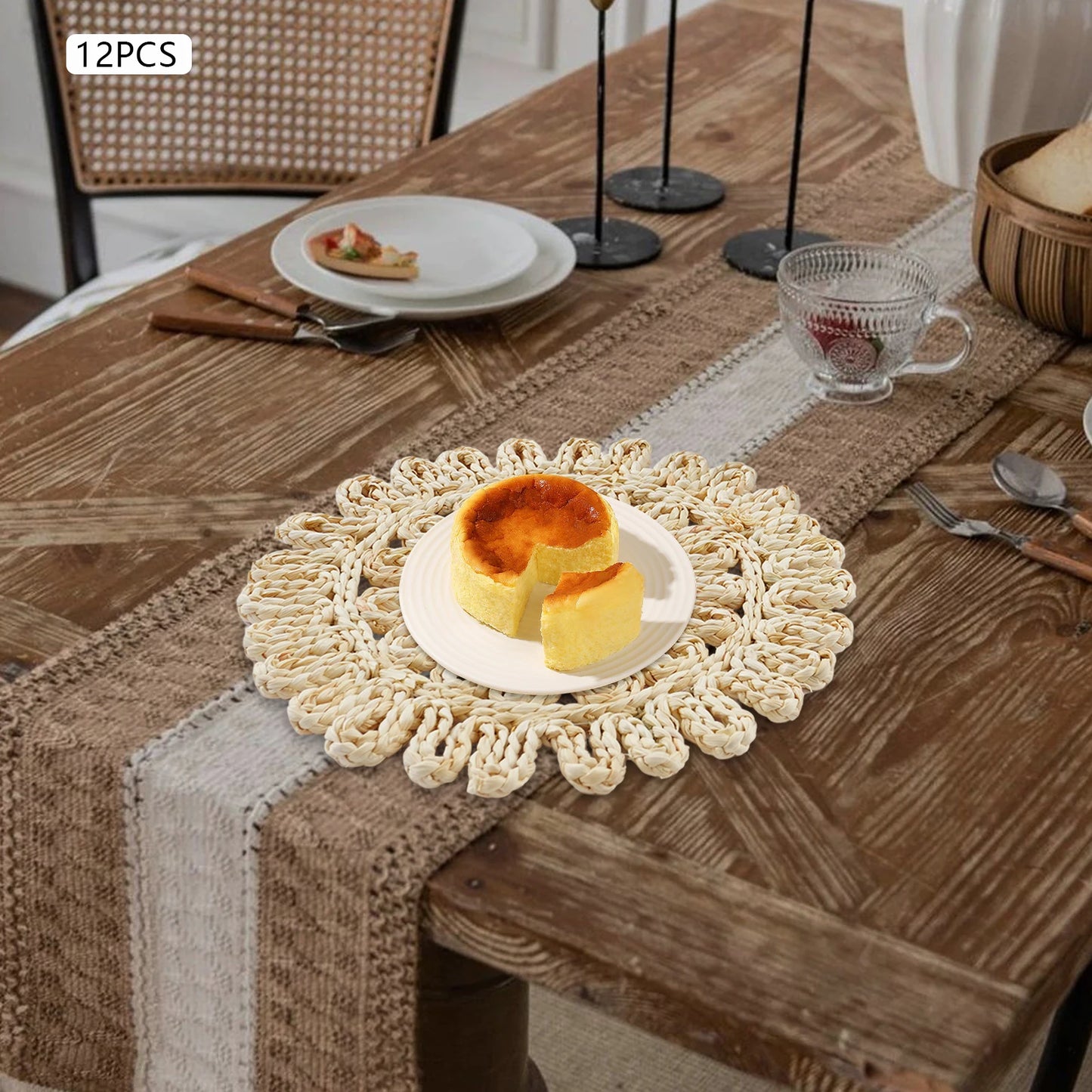 12 Pack Round Woven Placemats Heat Resistant Table Mats Natural Corn Husk Dining Tableware Place Settings for Home Restaurant