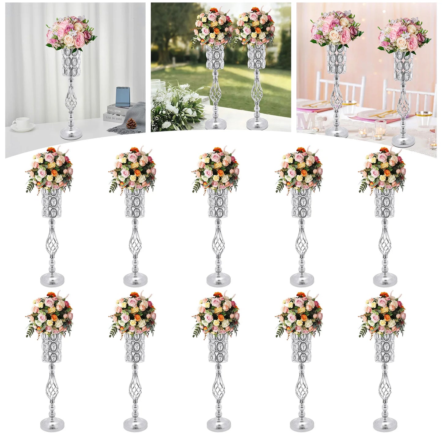 10Pcs Iron Flower Vases,61cm Gold/Silver Tabletop Vase for Centerpiece Decoration Church/Outdoor Weddings