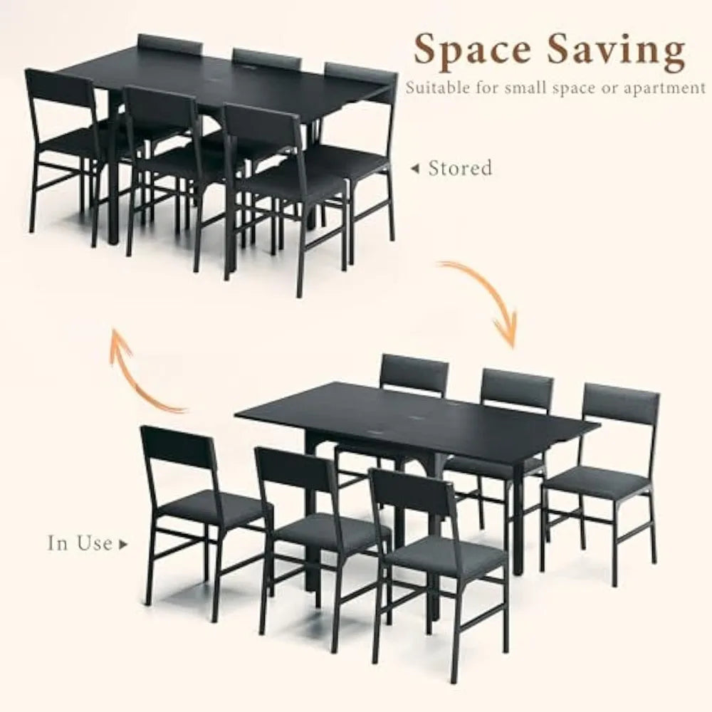 7-Piece Dining Table Set for 4-6, Extendable Kitchen Table Cushion Chairs Set of 6 with 6 Chairs, Rectangle Dining Table