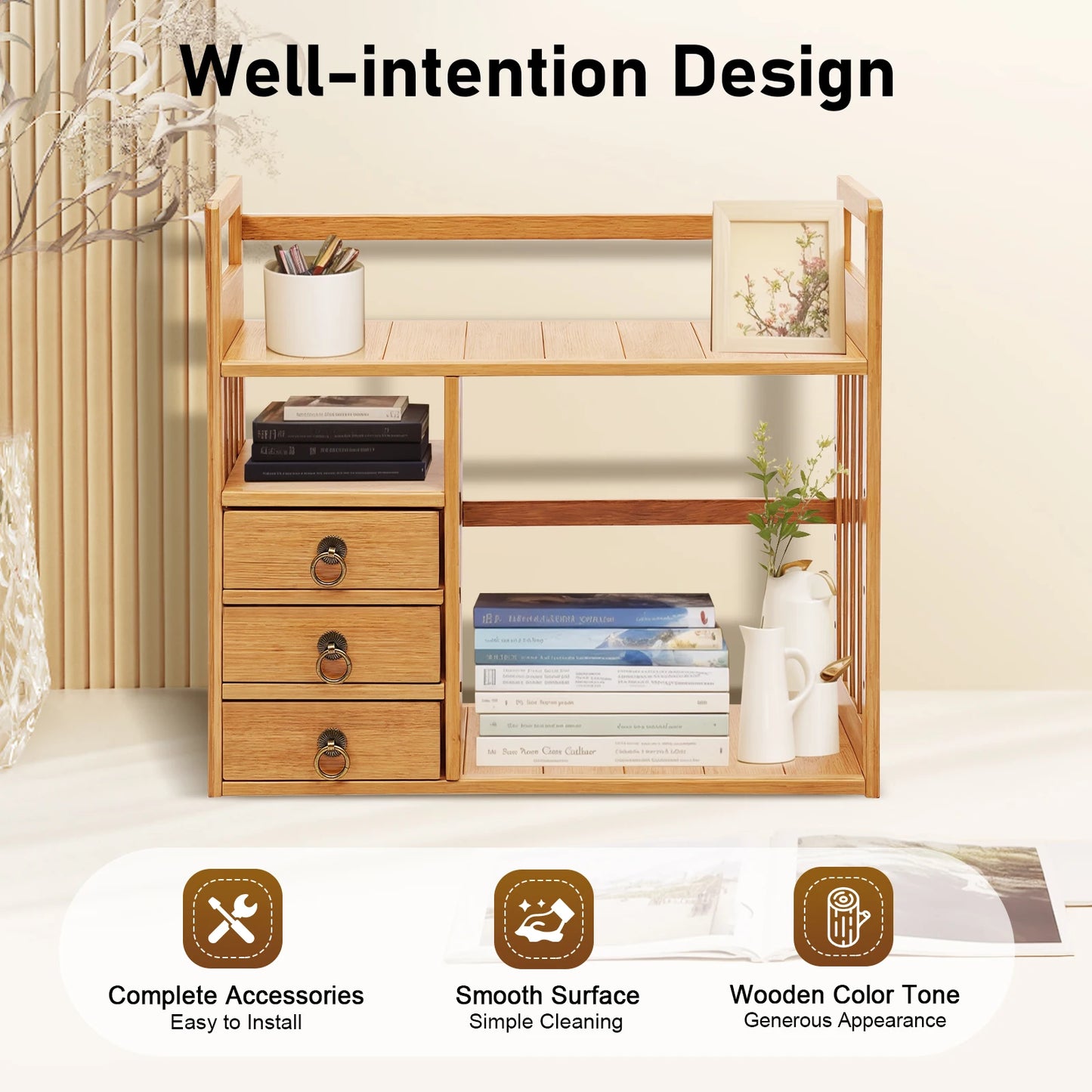 Desktop Organizer Book Shelf Office Storage Rack Wood with Drawers - Birthday Gifts - Natural Stand Shelf Rectangular