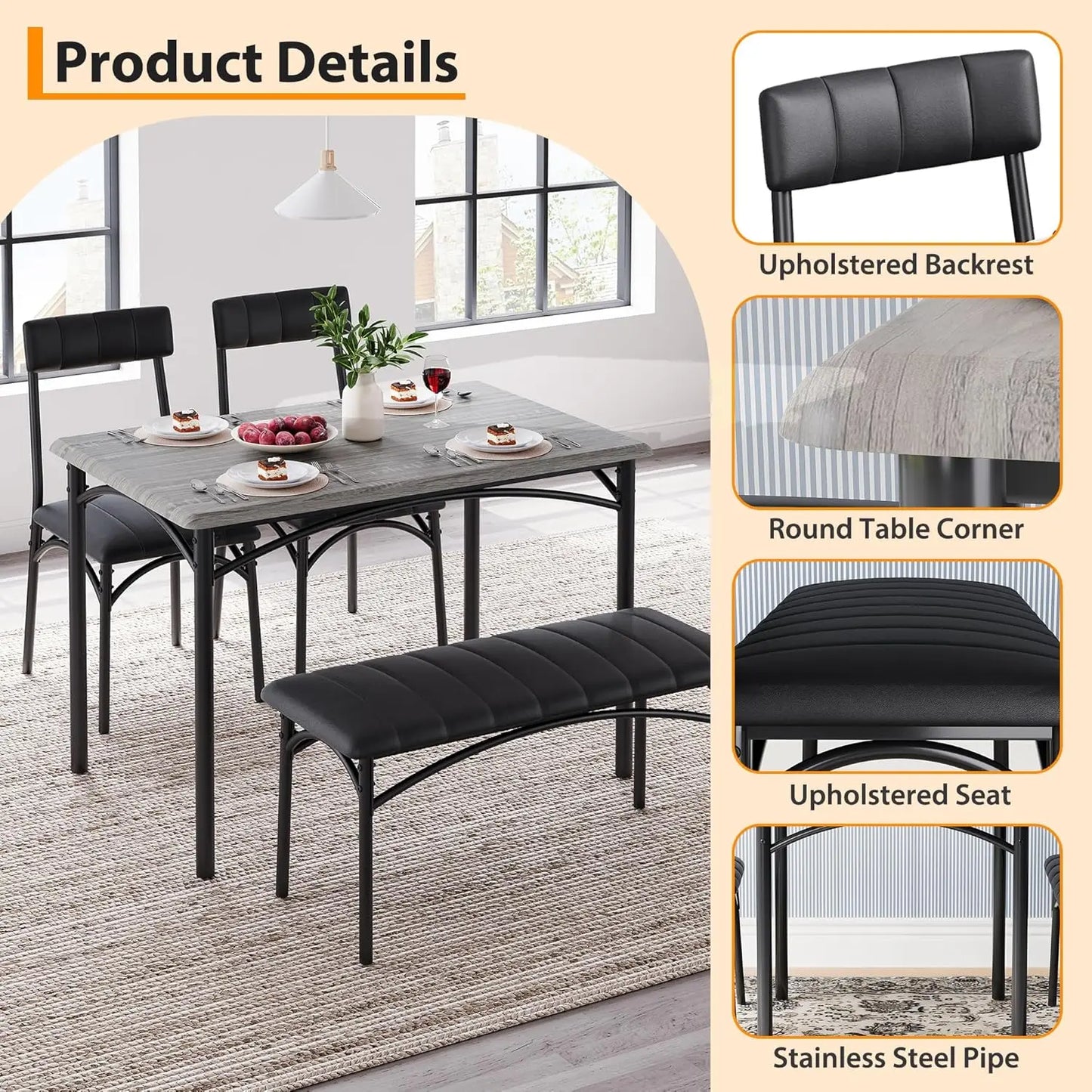 Dining Table Set for 4 with Upholstered Bench and 2 Chairs, Kitchen Table and Chairs for 4, for Small Space, Apartment, Dinner,R