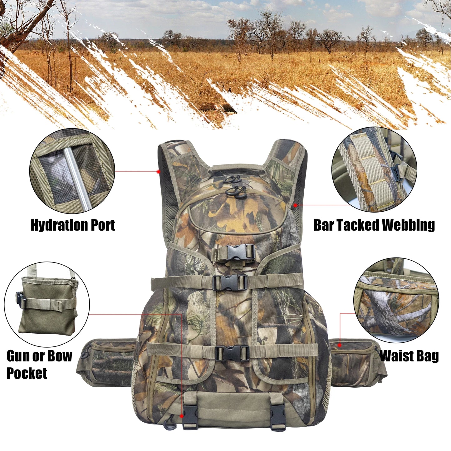 35L Lightweight Hunting Backpack with Gun And Bow Storage Side Mesh Pouch And Waist Bag Design for Outdoor Activities