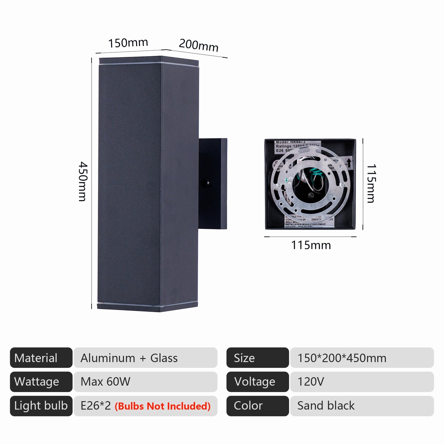 2 Pack Rectangular Outdoor Wall Light - Dual E26 Base, Sand Black Aluminum & Tempered Glass All-Weather Sconce for Garden