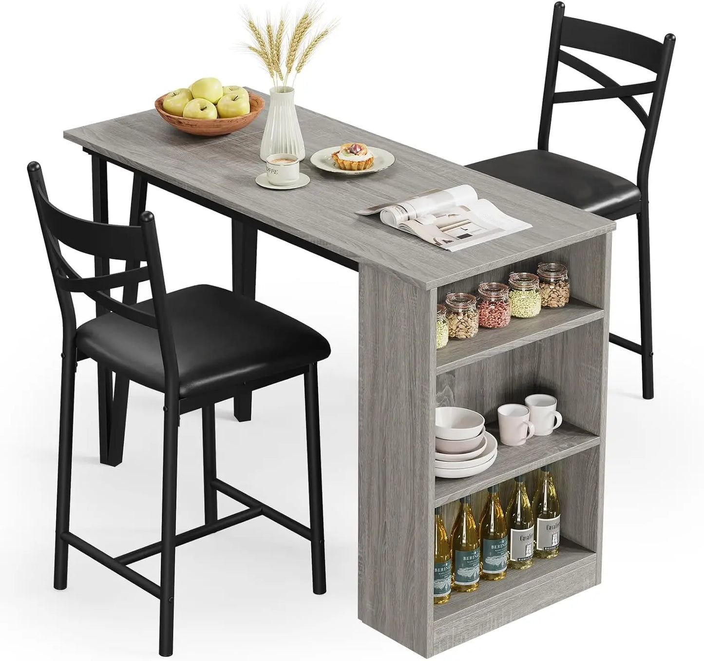 Farmhouse Bar Table and Chairs Set, 3 Piece Dining Table Set with Flip Top Extension and Storage Shelves for Kitchen Apartment
