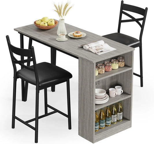 Farmhouse Bar Table and Chairs Set, 3 Piece Dining Table Set with Flip Top Extension and Storage Shelves for Kitchen Apartment
