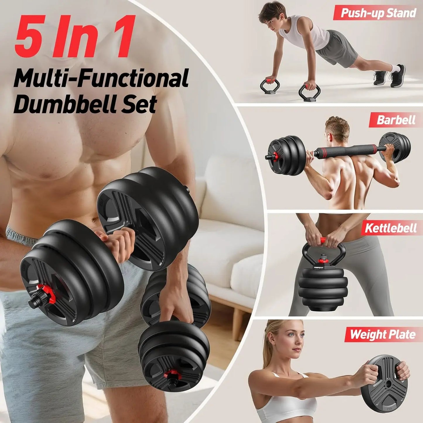 Adjustable Dumbbell Set 5-in-1 Home Gym Equipment, 20-90lbs Free Weights with Upgraded Nut for Men & Women Fitness