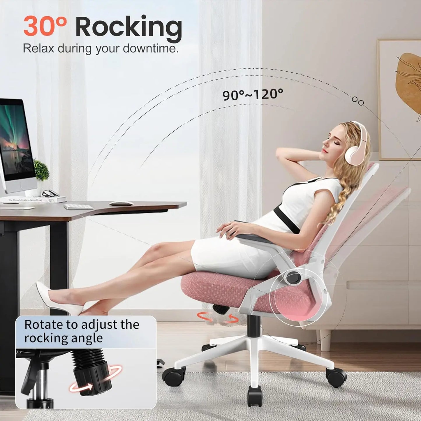 Ergonomic Office Chair with Flip-up Armrests, Breathable Mesh & Lumbar Support in Pink