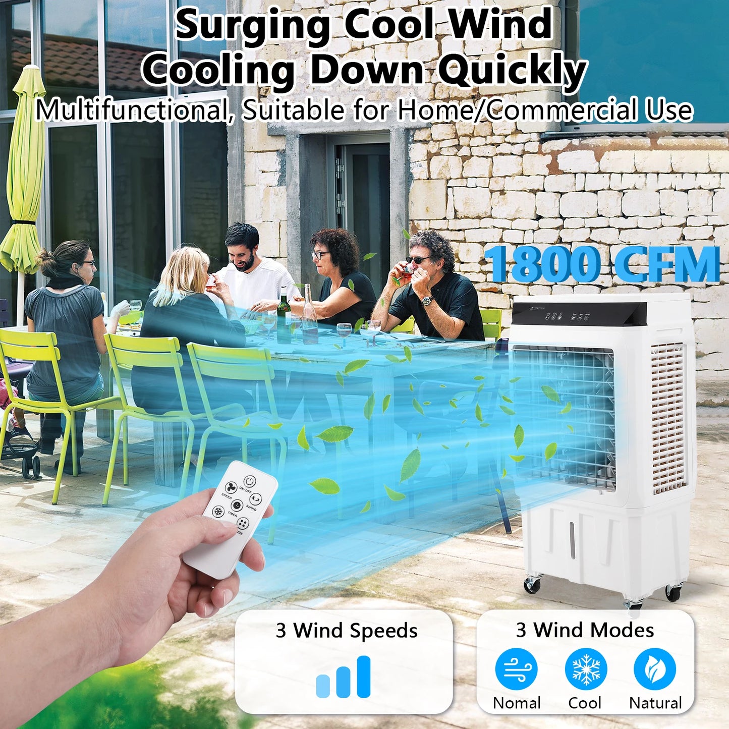Evaporative Air Cooler, 1800CFM Swamp Cooler with Remote Control and 12H Timer, 4 Ice Packs, 3 Modes & Wind Speeds , 8.4 Gallon