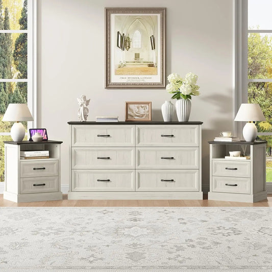 Farmhouse Dresser and Nightstand Sets for Bedroom, 3 Pcs Bedroom Set, 6 Drawer Dresser & Nightstand Set of 2,, Customized
