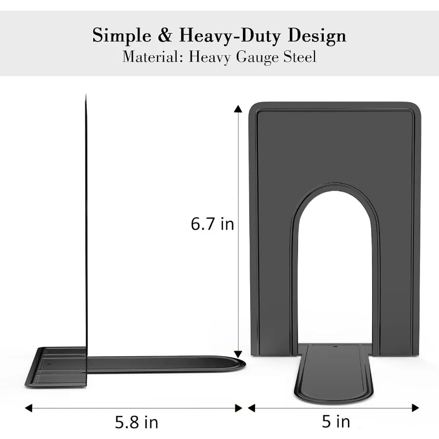 Heavy duty metal bookend supports with modern black finish ideal for home office school and shelf organization; includes 2 pair