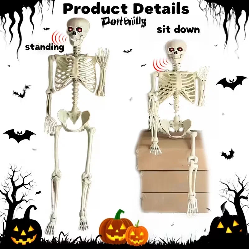 5.6 Feet DIY Voice-Activated Glowing Skeleton, with Glowing Eyes and Voice-Activated Sensors, Scary Sounds, Adjustable into Various Poses, Suitable for Indoor and Outdoor Use, Halloween, Day of the Dead Decorations