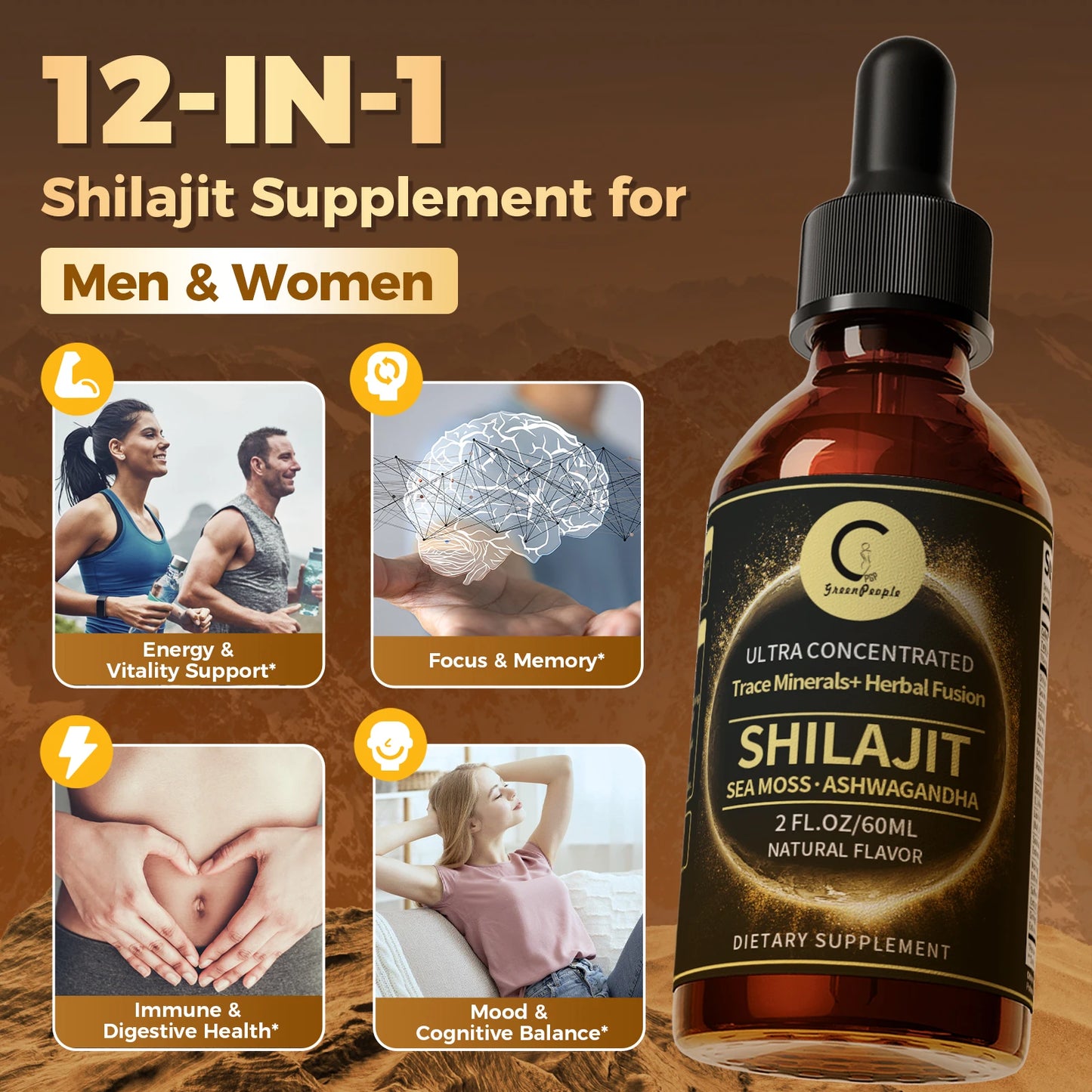 Shilajit Liquid Drops with Sea Moss, Ashwagandha, Maca, Moringa Liquid Vitamins for Women and Men -Trace Minerals+HerbalFusion