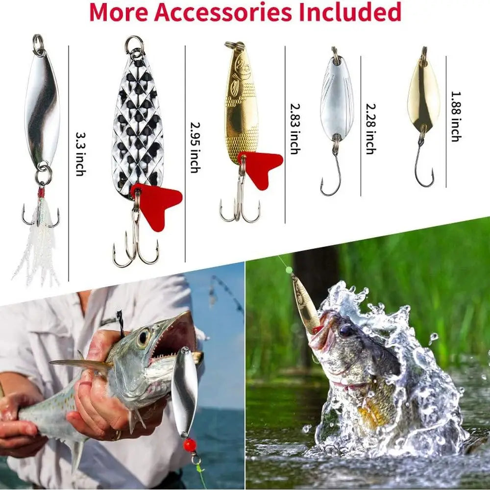 Freshwater Fishing Kit: Bass, Trout, Salmon Lures with Spoons, Soft Worms, Tackle Box for Men