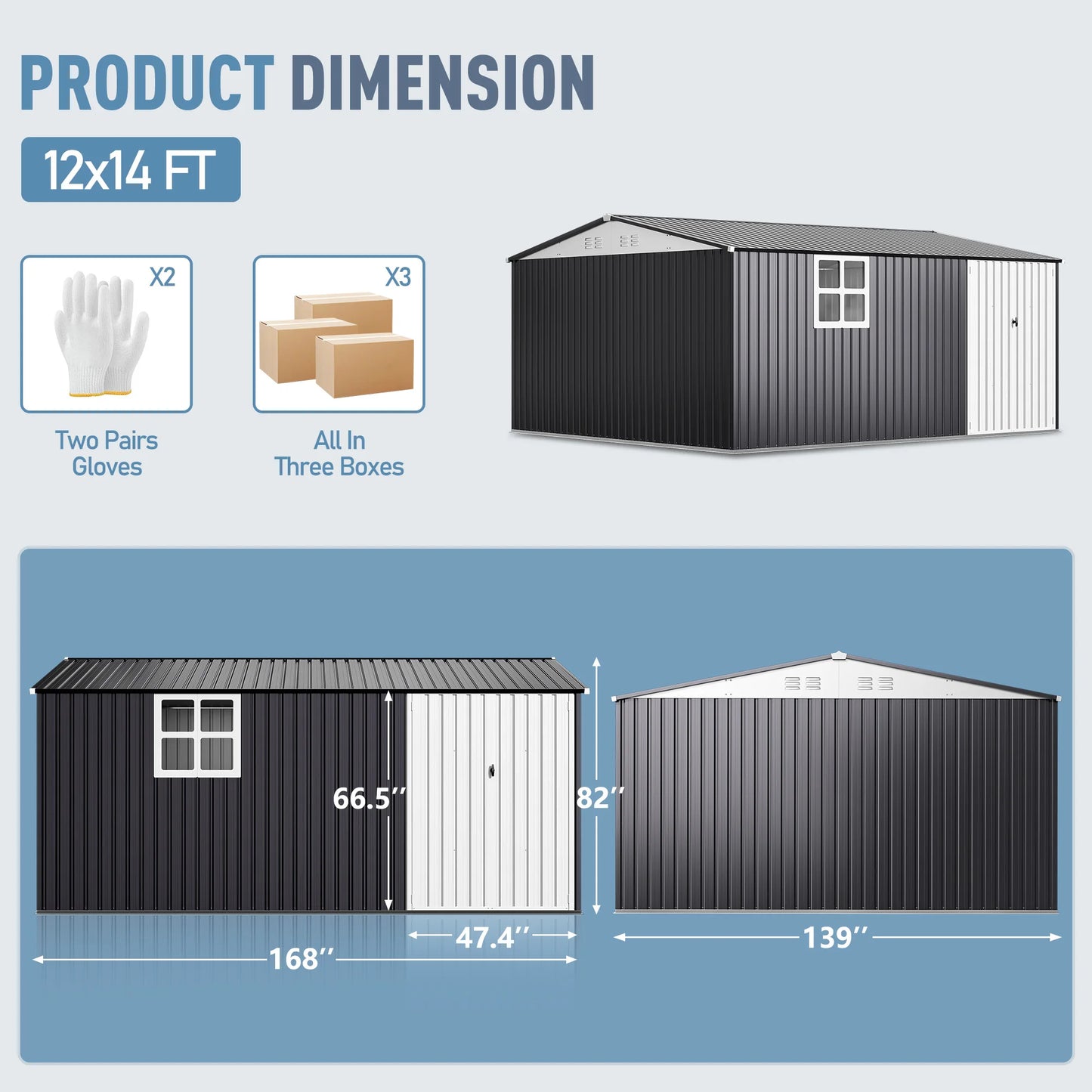 VIWAT 10x12~12x14 FT Outdoor Metal Storage Shed with Window, Lockable Garden Tool Shed, Heavy-Duty Frame, Backyard Patio Black