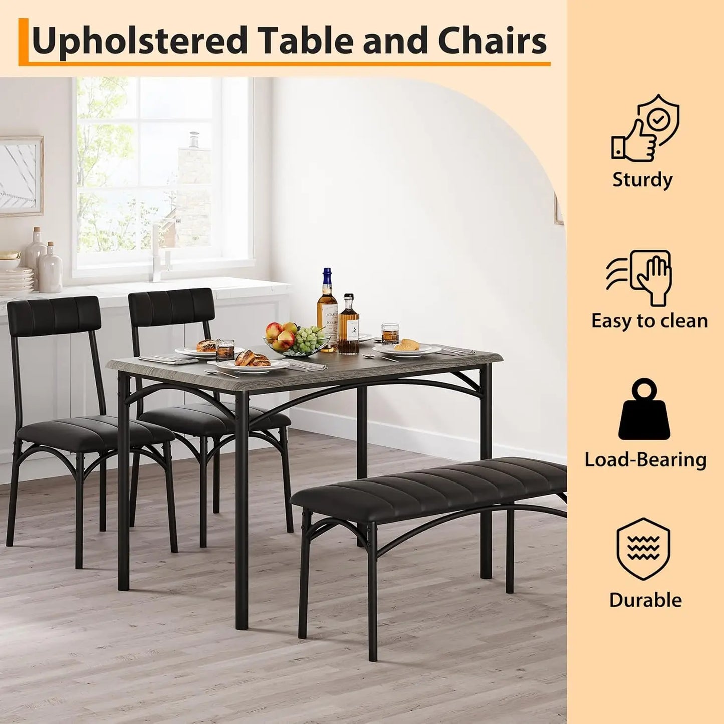 Dining Table Set for 4 with Upholstered Bench and 2 Chairs, Kitchen Table and Chairs for 4, for Small Space, Apartment, Dinner,R