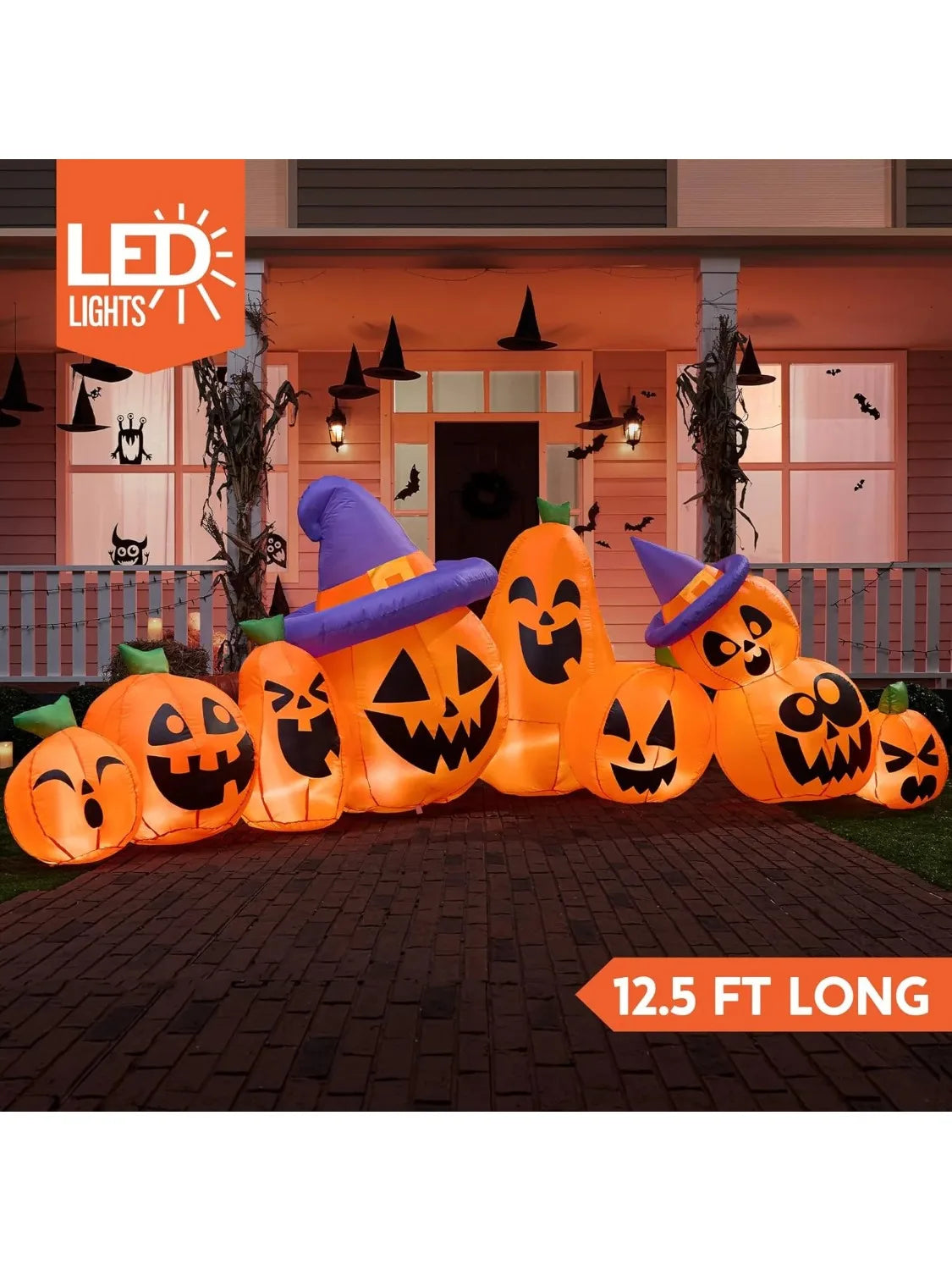 Joyfy 12.5 FT Halloween Inflatable Long Pumpkin with Witch Hat Decorations Inflatables with Build-in LEDs for Halloween Decor
