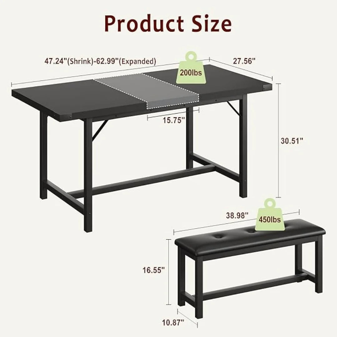 3 Piece Dining Table Set for 4-6, 63" Large Extendable Kitchen Table Sets with 2 Upholstered Benches, Rectangle Table for Kitche