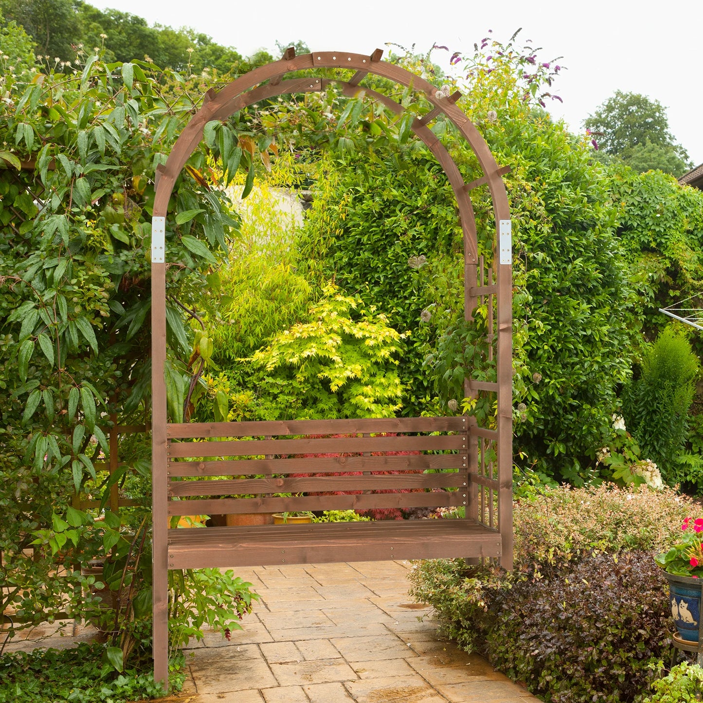 6.8ft Wooden Arch with Bench, Garden Trellis for Climbing Plants, Outdoor Garden Lawn Backyard Patio Decor, Dark Brown